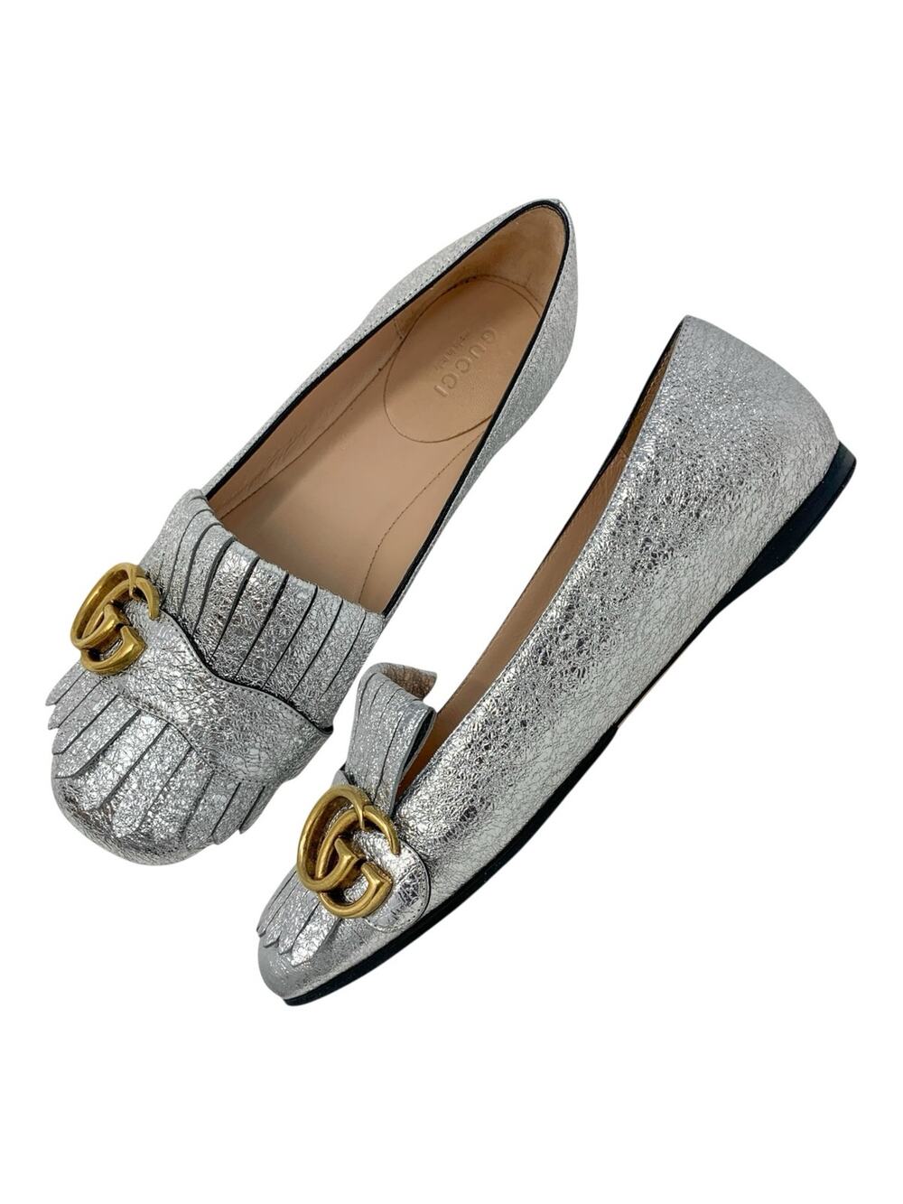 Gucci Silver Foiled Leather Marmont GG Logo Kiltie Fringe Flat Loafers EU 35